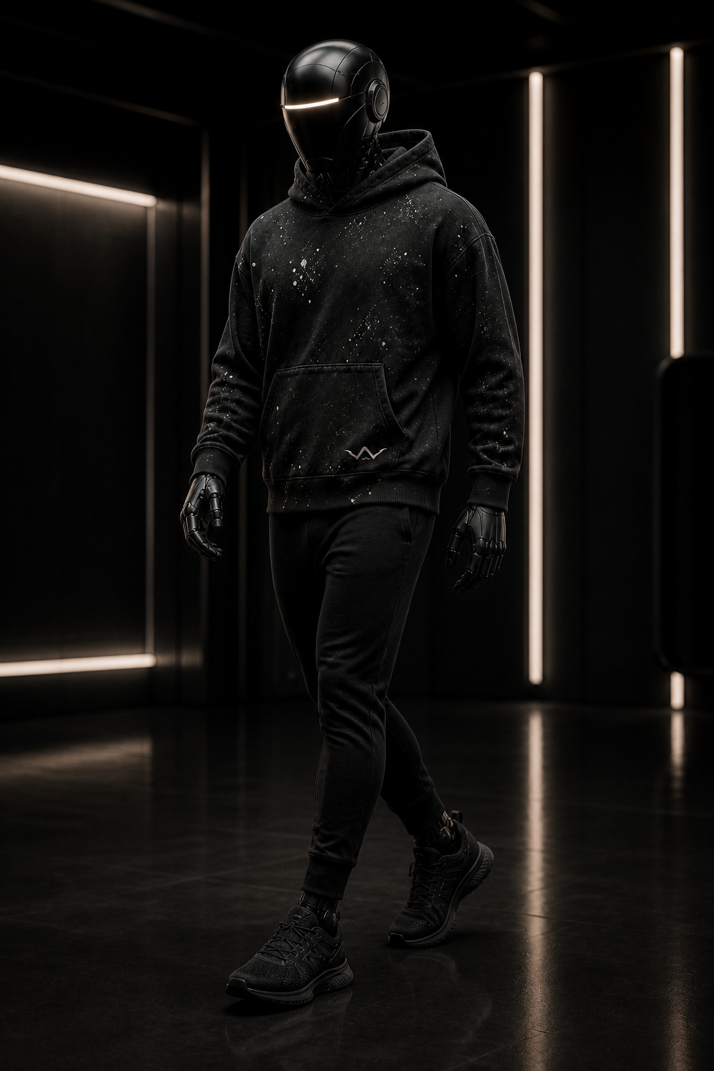 Fitness robot model walking in the Wavēdo training hoodie